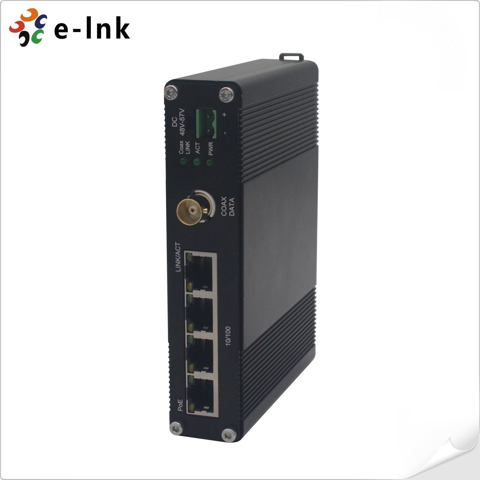 DINRail Transmitter of 4port 10/100Mbps TX (PoE+) to 1port Coax