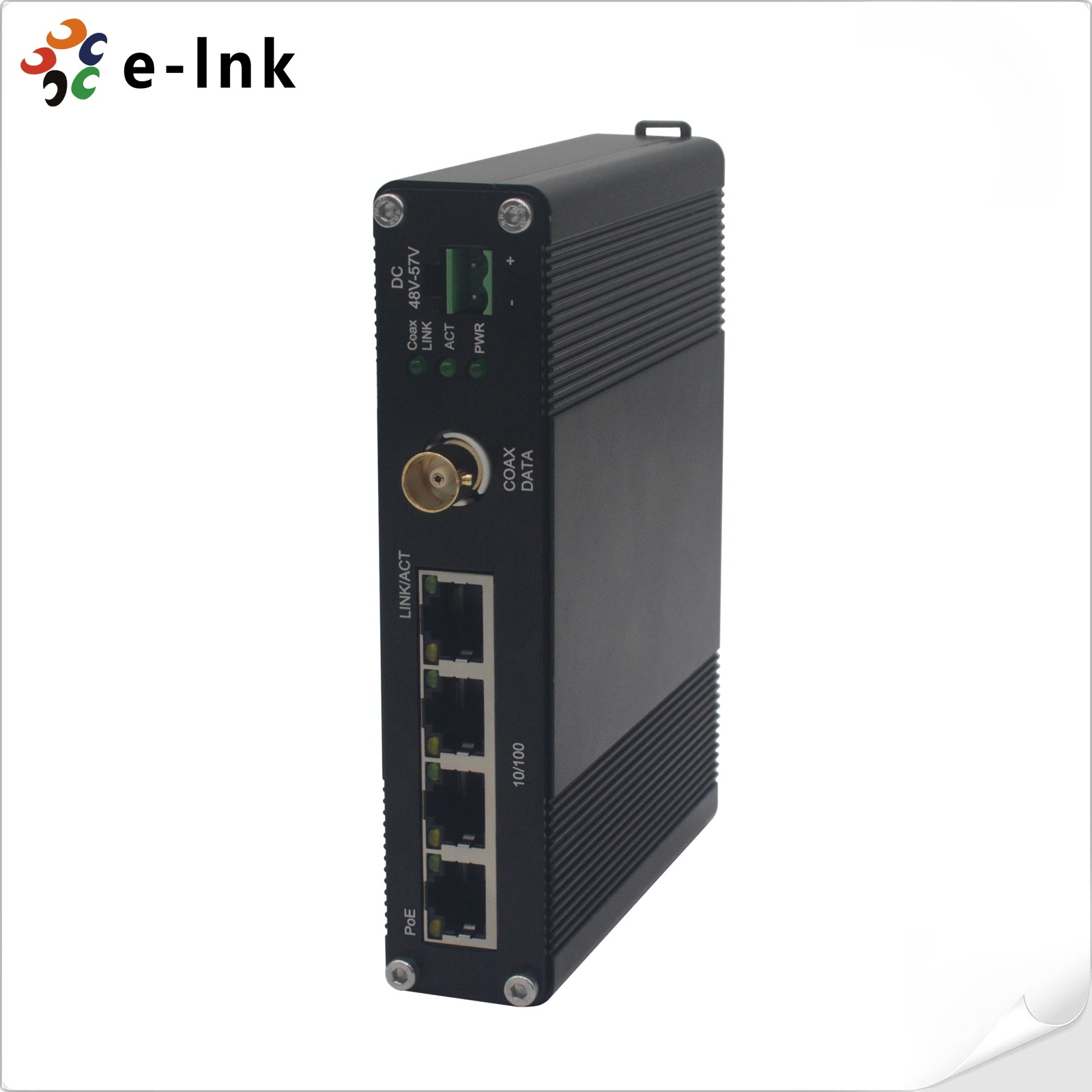 DIN-Rail Transmitter of 4-port 10/100Mbps TX (PoE+) to 1-port Coax Ethernet Switch with PoC