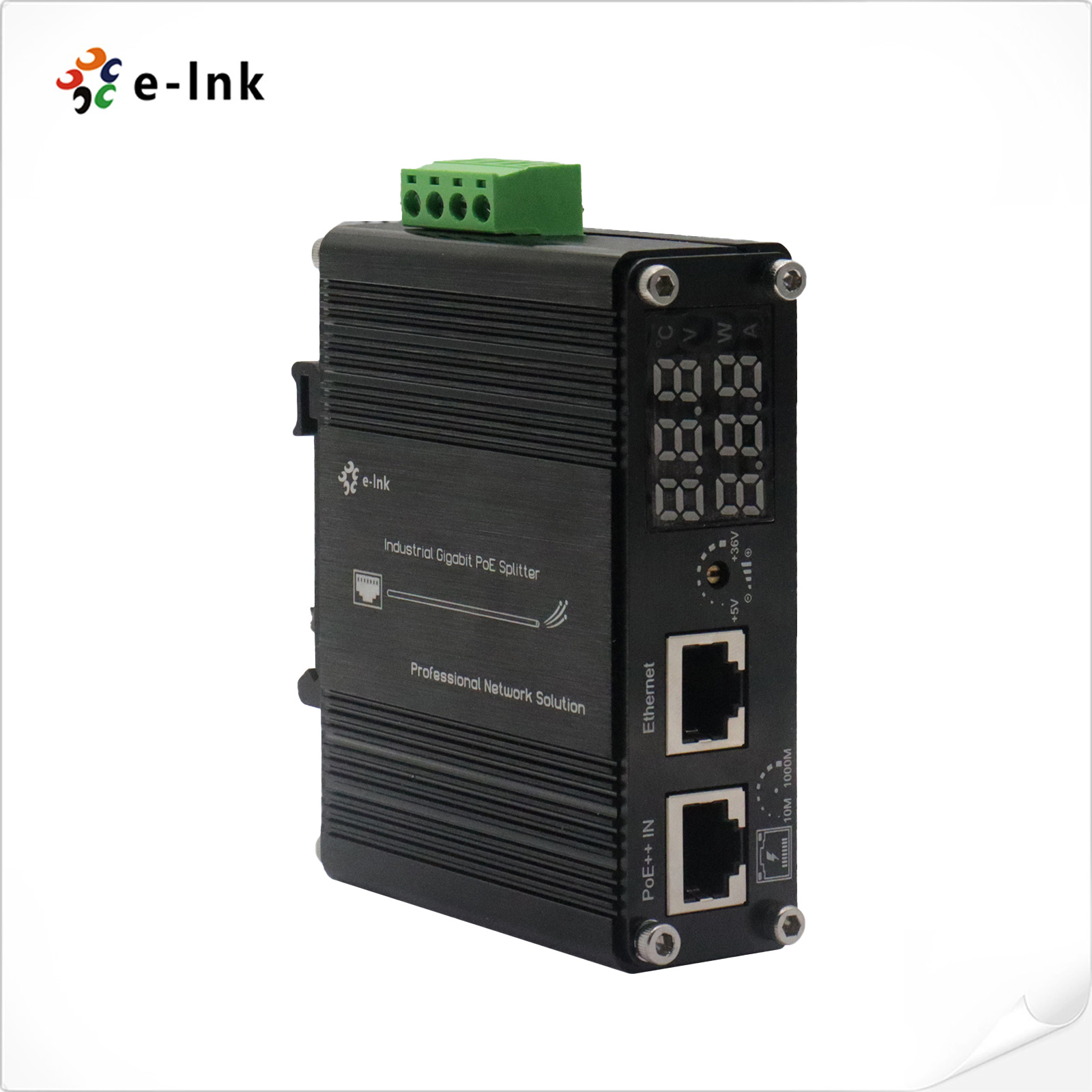 Industrial Gigabit 802.3bt PoE++ Splitter with LED Display and Output Voltage 5V to 36V DC