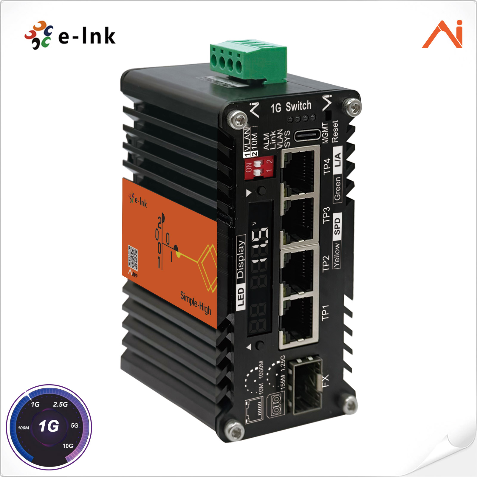Mini Industrial AI Smart Managed Media Converter 4xGigabit RJ45 to 1x100/1000BASE-X SFP