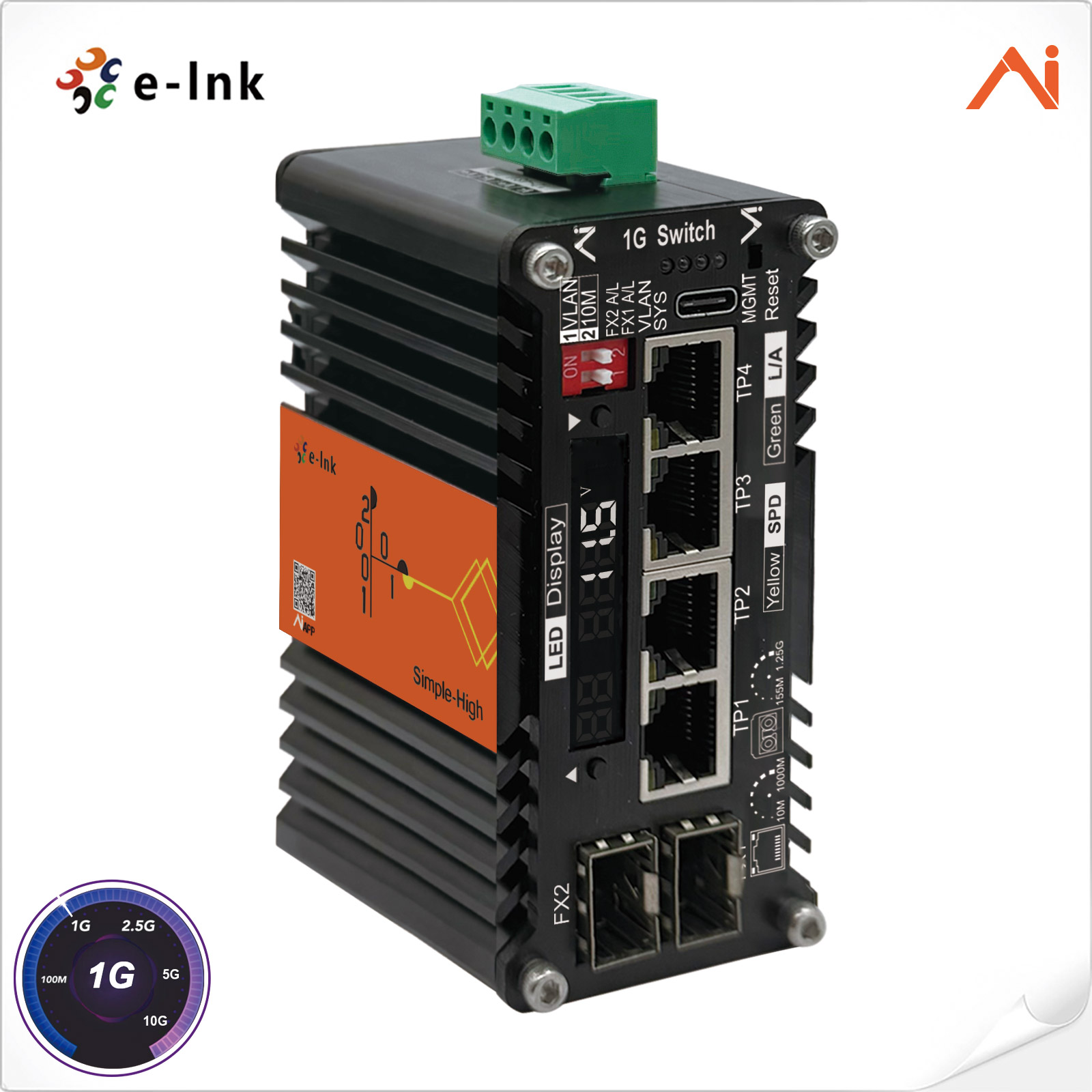 Mini Industrial AI Smart Managed Media Converter 4xGigabit RJ45 to 2x100/1000BASE-X SFP