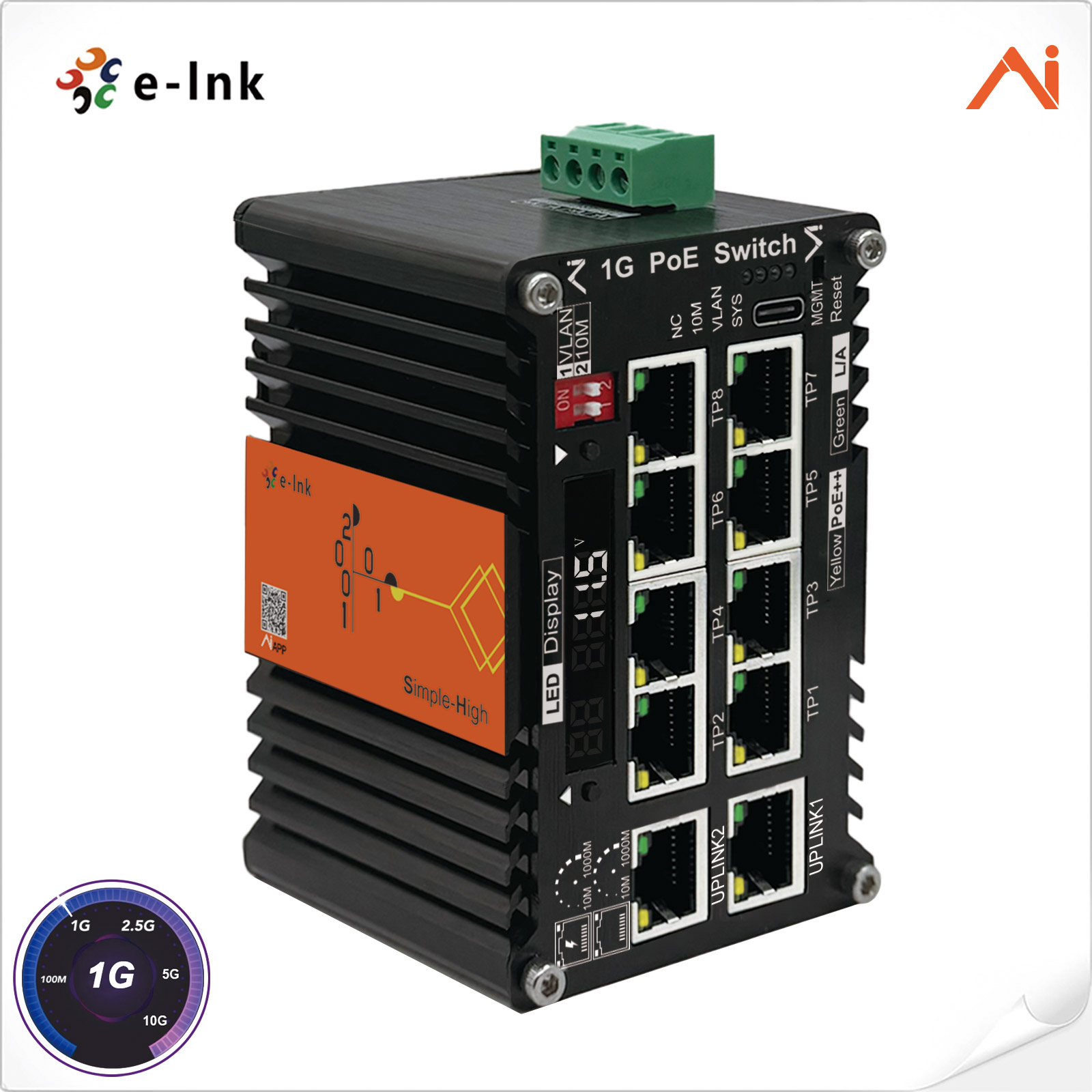 Mini Industrial AI Smart Managed 60W PoE++ Switch 8xGigabit PoE++ RJ45 to 2xGigabit Uplink