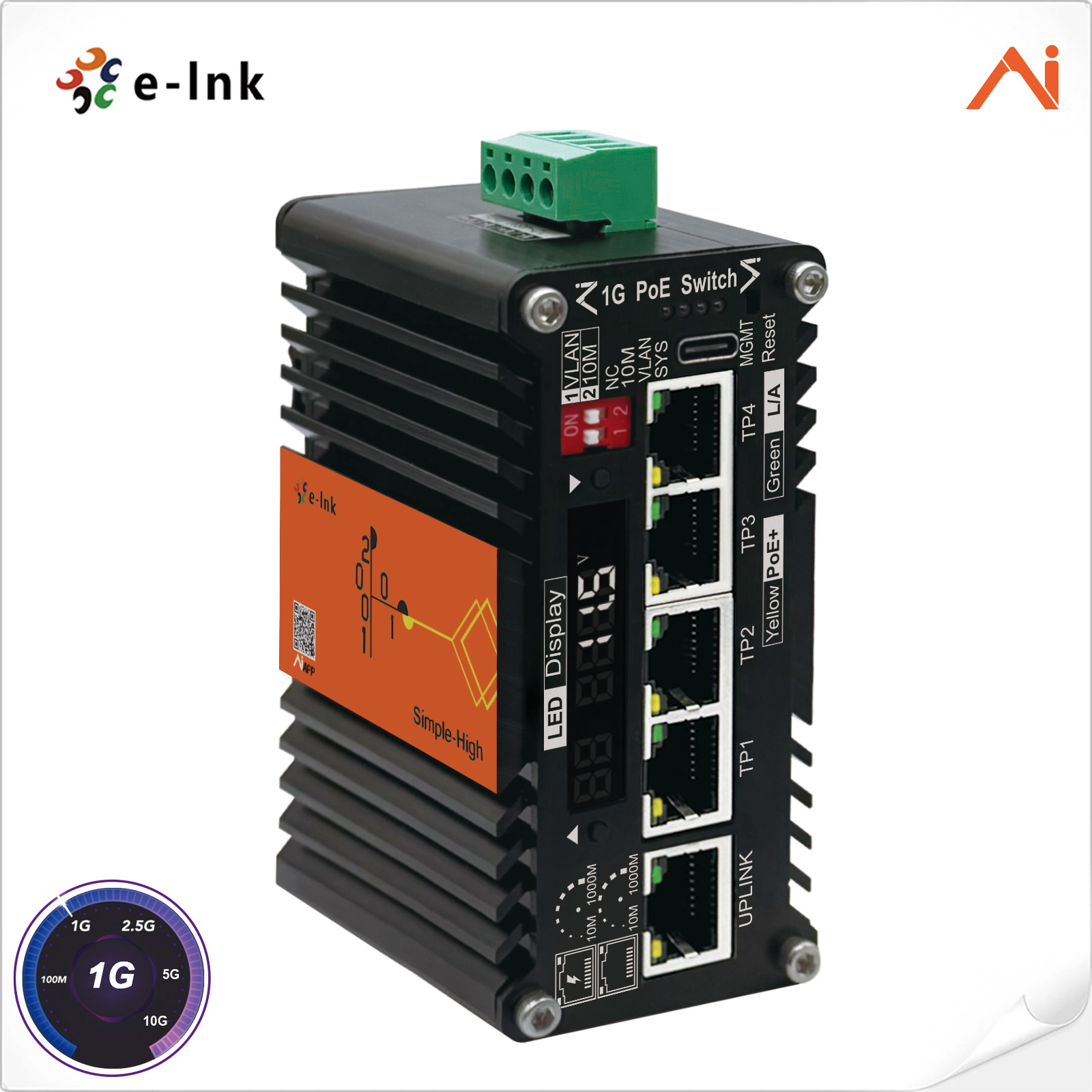 Mini Industrial AI Smart Managed PoE Ethernet Switch 4xGigabit 30W PoE+ to 1xGigabit Uplink