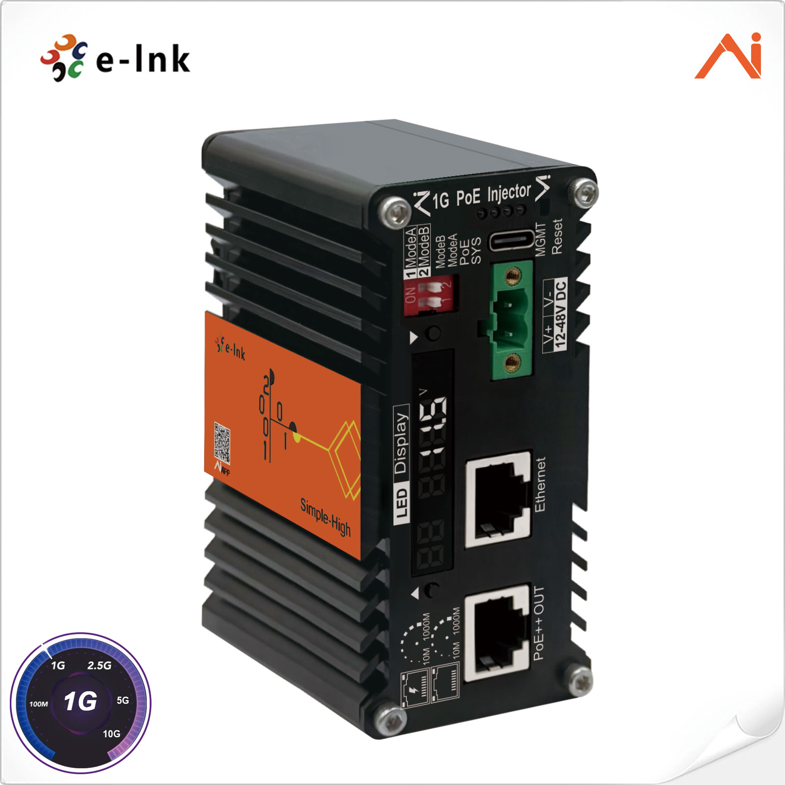 Mini Industrial AI Smart Managed 10/100/1000M 90W PoE++ Injector with Voltage Booster