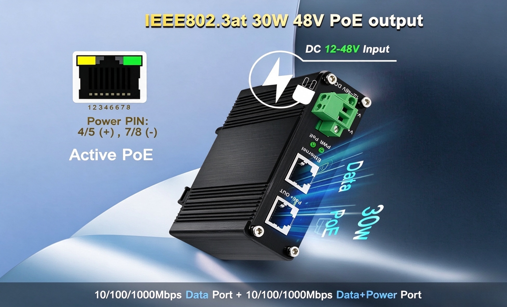 E-link LNK-INJ301-30 Industrial Gigabit PoE+ Injector: Wide-Voltage Input for Flexible Deployment